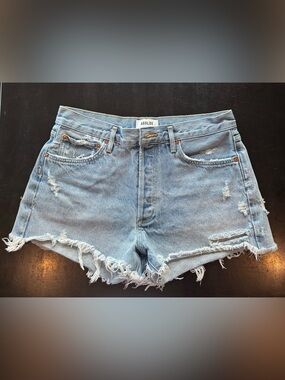 Agolde Parker Light Blue Frayed Hem Denim Shorts